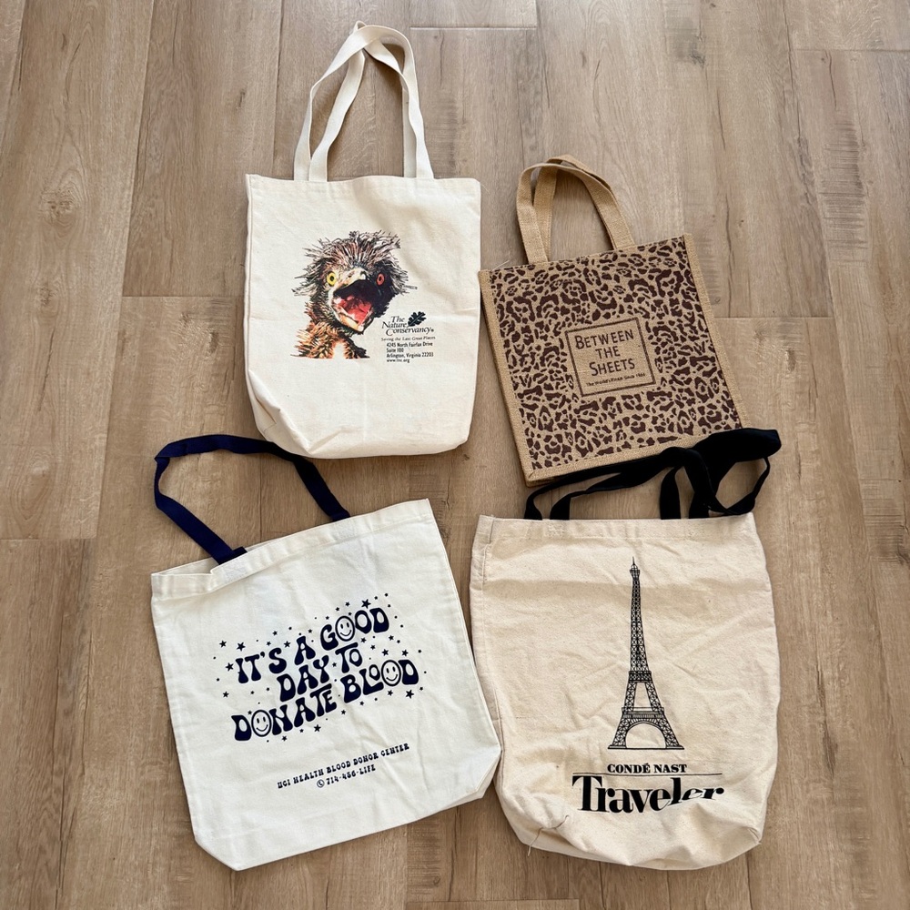 Lot Of 4 Canvas‎ & Burlap Tote Bags, Conservancy, Between the Sheets, Traveler